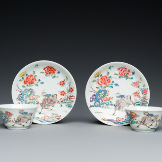 A pair of Chinese famille rose cups and saucers, Yongzheng