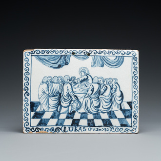 A rectangular Dutch Delft blue and white 'Last Supper' plaque, probably Amsterdam, 18th C.