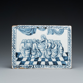 Plaque de forme rectangulaire en faïence de Delft en bleu et blanc à décor de 'La Cène', probablement Amsterdam, 18ème