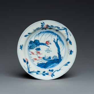 A Chinese blue, white and copper-red ko-sometsuke 'fisherman' dish for the Japanese market, Tianqi