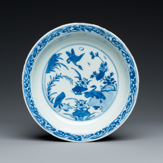 A Chinese blue and white 'ducks near a lotus pond' plate, Wanli