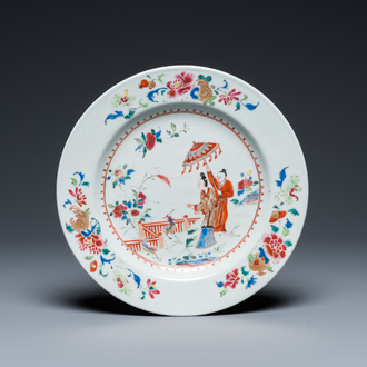 A Chinese famille rose plate with 'Parasol ladies' after Cornelis Pronk, Qianlong