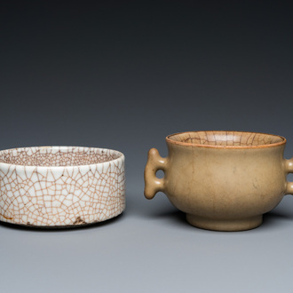 A Chinese celadon-glazed censer and a ge-type crackle-glazed bowl, Qing