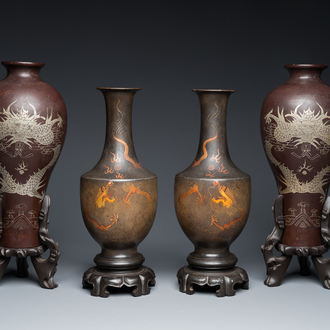 Two pairs of Chinese Fuzhou or Foochow lacquer 'dragon' vases on stands, 19/20th C.