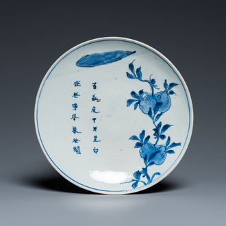 A Chinese blue and white ko-sometsuke 'peach tree and poem' dish for the Japanese market, Chongzhen