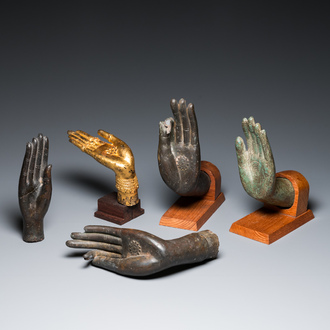 Five Thai or Burmese bronze hands of Buddha, 16/17th C. and later