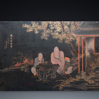 A large Chinese Fuzhou or Foochow lacquer panel, signed Hu Gong Shou 胡公寿, 19/20th C.