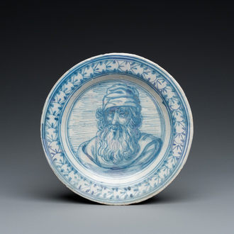 A small blue and white maiolica dish with a fine portrait of Zeus, Verstraeten workshop, Haarlem, 17th C.