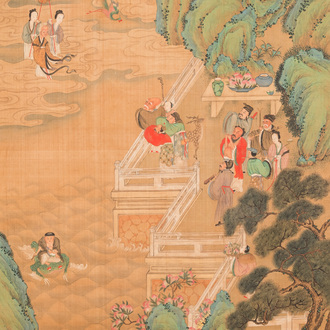 Chinese school, after Zhou Chen (1460-1535): River scene with immortals, ink and colour on silk, 18th C.