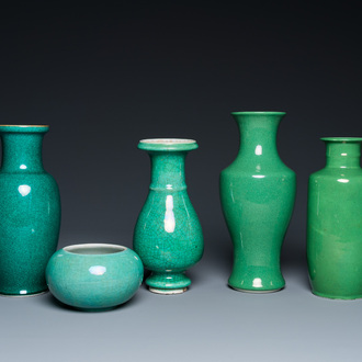 Four Chinese green-glazed vases and a brush washer, 19/20th C.