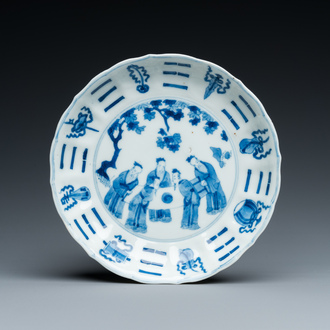 A Chinese blue and white 'scolars with a scroll' plate, Chenghua  mark, Kangxi