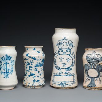 Four various blue and white albarelli or drug jars, Spain and Italy, 17/18th  C.