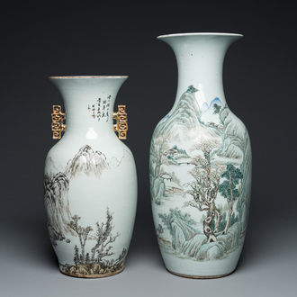 Two Chinese qianjiang cai 'mountainous landscape' vases, signed Hu Zhongzhen 胡仲贞, 19/20th C.