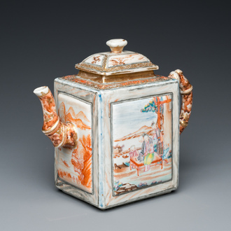 Grande théière à décor faux-bambou en porcelaine de Chine famille rose à sujet mandarin, Qianlong