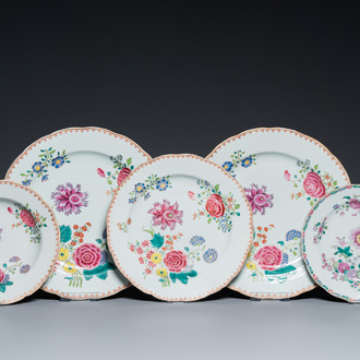 Three Chinese famille rose dishes and two plates with floral design, Qianlong