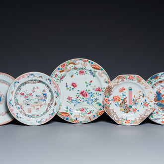 Four Chinese famille rose and verte plates and a dish, Kangxi and later
