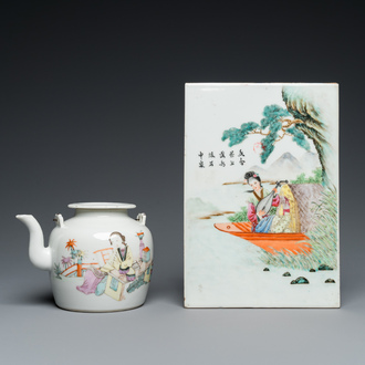 A Chinese famille rose plaque and a qianjiang cai teapot, 19/20th C.