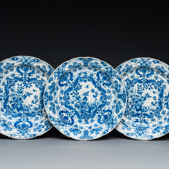 Three Dutch Delft blue and white plates with floral design, 1st quarter 18th C.