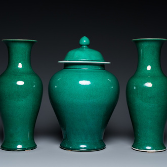 A Chinese monochrome green-glazed garniture of three vases, Republic