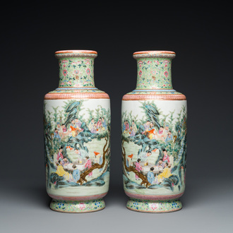 A pair of fine Chinese famille rose rouleau vases, Qianlong mark, Republic