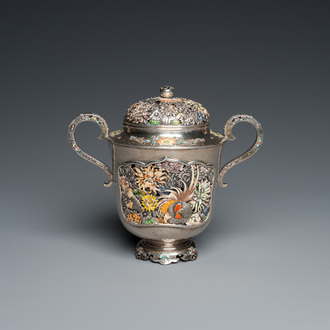 Hiratsuka Mohei (Japan, 1836-?, attr. to): An enamelled reticulated silver 'koro' censer, Meiji, 19th C.