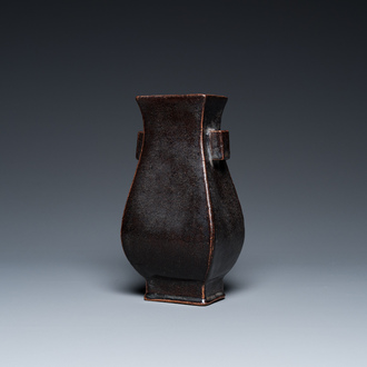 A Chinese monochrome dark aubergine-glazed 'fanghu' vase, probably Qianlong