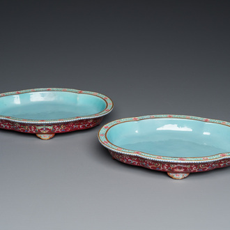 A pair of Chinese ruby-ground quatrefoil dishes, probably Jiaqing