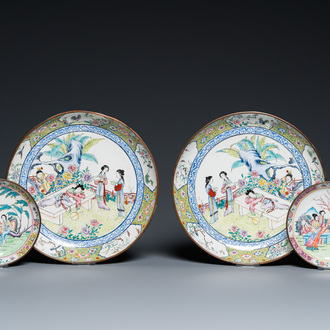 A pair of Chinese Canton enamel dishes and two smaller plates, 19th C.