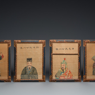 Chinese school: 'Four portraits with calligraphy', ink and colour on silk, Qing