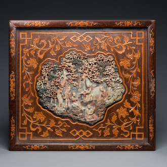 A Chinese soapstone 'Sages in a forest' carving in a finely inlaid wooden frame, 19th C.