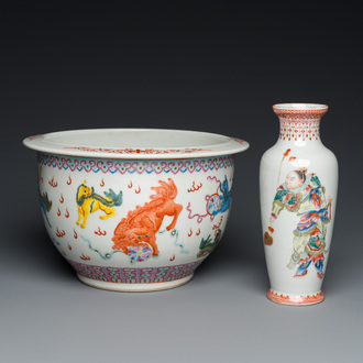 A Chinese famille rose 'Wu Shuang Pu' vase and a 'Buddhist lions' jardinière, Republic