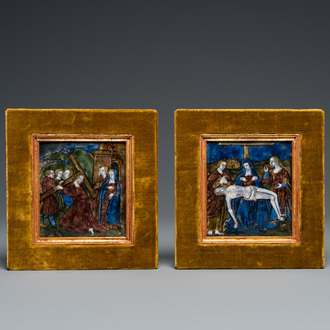 Two square Limoges enamel plaques depicting a pieta and Christ carrying the Cross, France, 16th C.