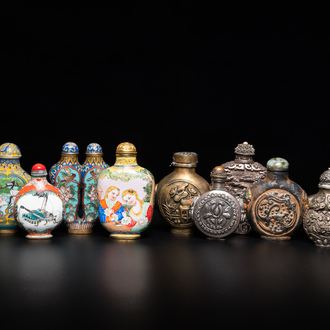 Eleven Chinese Canton enamel, cloisonné, silver and other metal snuff bottles, 19/20th C.