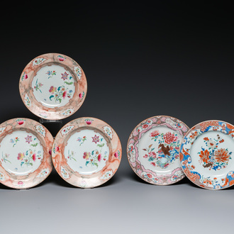 Five Chinese famille rose and verte plates, Qianlong