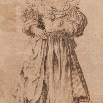 Jacques Callot (1592-1635): 'Noble lady holding a fan', study for an engraving from the series 'La Noblesse', ink on paper, ca. 1620
