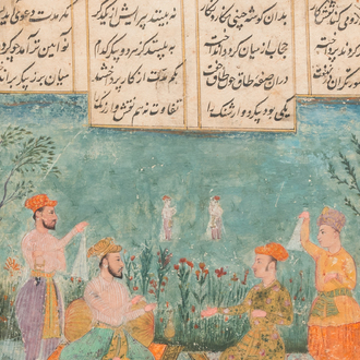 Perzische school, miniatuur met kalligrafie: 'Personages in een tuin', 18e eeuw