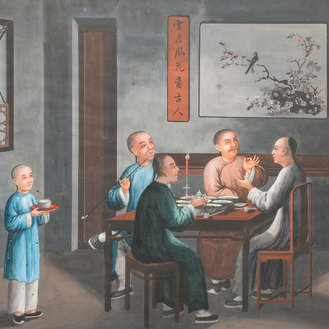 Canton school, China, 19th C.: 'Animated interior', gouache on paper