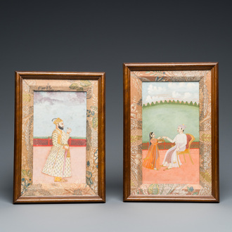 Two Indian school miniatures: 'Portrait of prince Murad Bakhsh' and 'Scene from a Ragamala', 18/19th C.