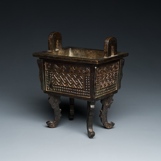 A Chinese bronze censer, 'Fang Ding', Ming
