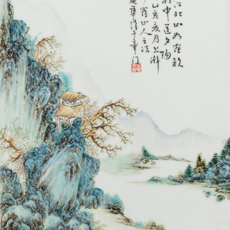 A Chinese qianjiang cai plaque with a mountainous landscape, signed Di Hua 迪華, dated 1935