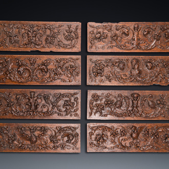 Eight finely carved wooden panels with grotesques, Southern Netherlands, 17th C.