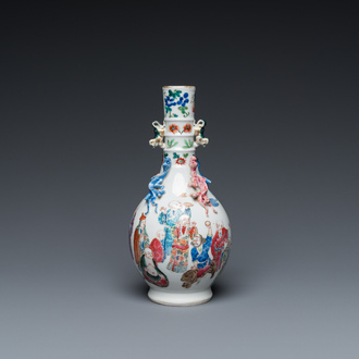 A Chinese famille rose '18 Luohans' bottle vase, 19th C.