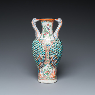 An unusual Chinese Canton famille rose 'cranes' vase, 19th C.