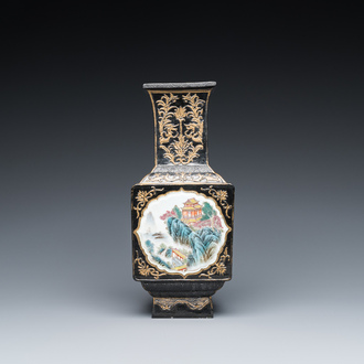 A Chinese black-ground famille rose vase, Qianlong mark, Republic