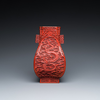 A Chinese red cinnabar lacquer 'fanghu' vase, 19/20th C.