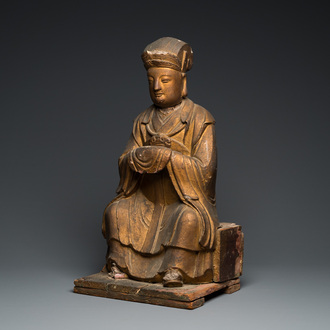 A large Chinese gilded stucco and wood sculpture of the Taoist Jade Emperor, 17th C.