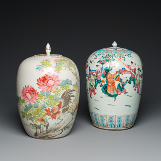 Two Chinese famille rose and qianjiang cai covered jars, 19th C.