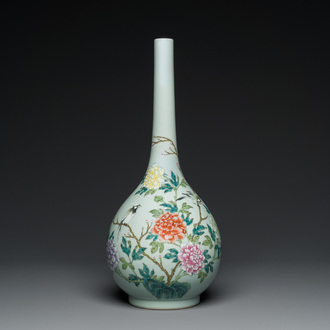 A large Chinese famille rose celadon-ground bottle vase, Qianlong mark, Republic