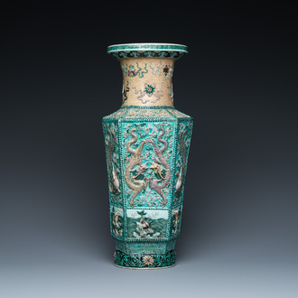 A Chinese hexagonal verte biscuit vase with applied dragon design, 19/20th C.