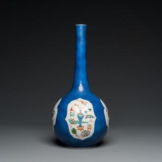 A Chinese famille verte powder-blue-ground bottle vase, Kangxi